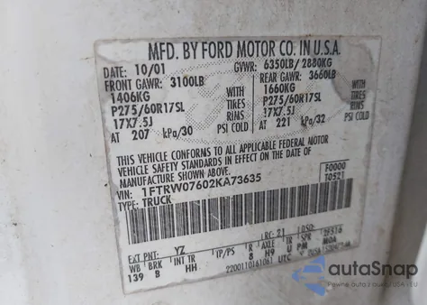 2002 Ford F-150 Lariat/Xlt z USA, uszkodzony, nr VIN 1FTRW07602KA73635